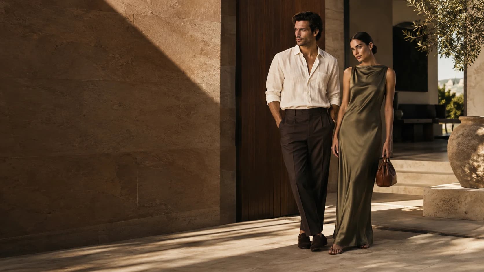 Campanha conceitual Casa Monet: um casal em tons naturais, sob a luz do fim de tarde